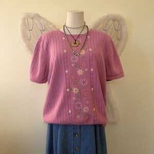 Girly Grunge Cottagecore Embroidered Pink Knit Sweater Top Short Sleeve Flowers
